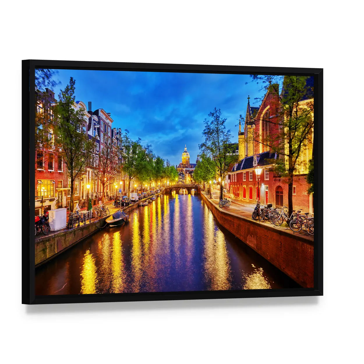Westerkerk Canal View at Night, Amsterdam Canvas Wall Art, framed canvas in a black floater frame, angled product view