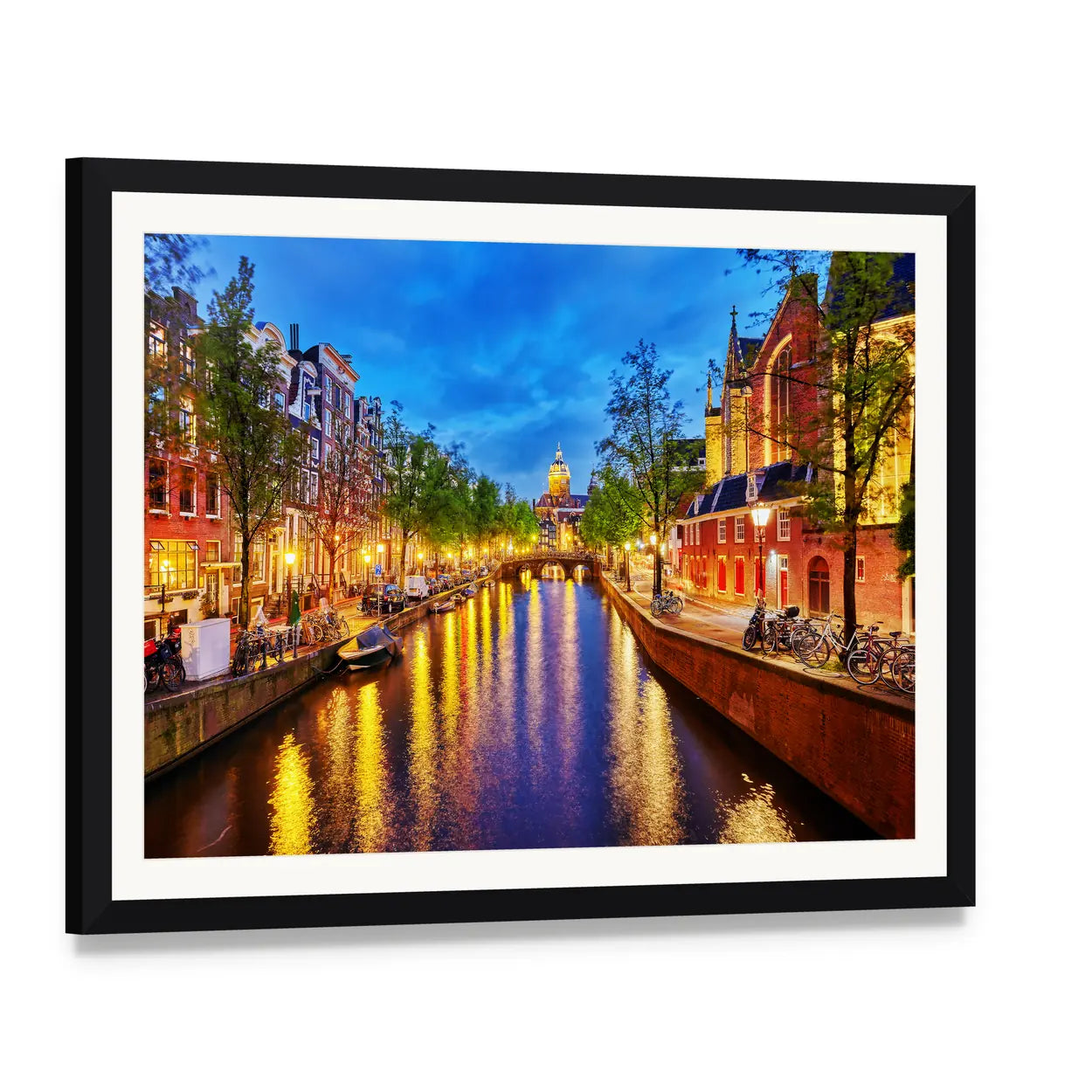Westerkerk Canal View at Night, Amsterdam Canvas Wall Art, framed print with white mat and black frame, angled product view