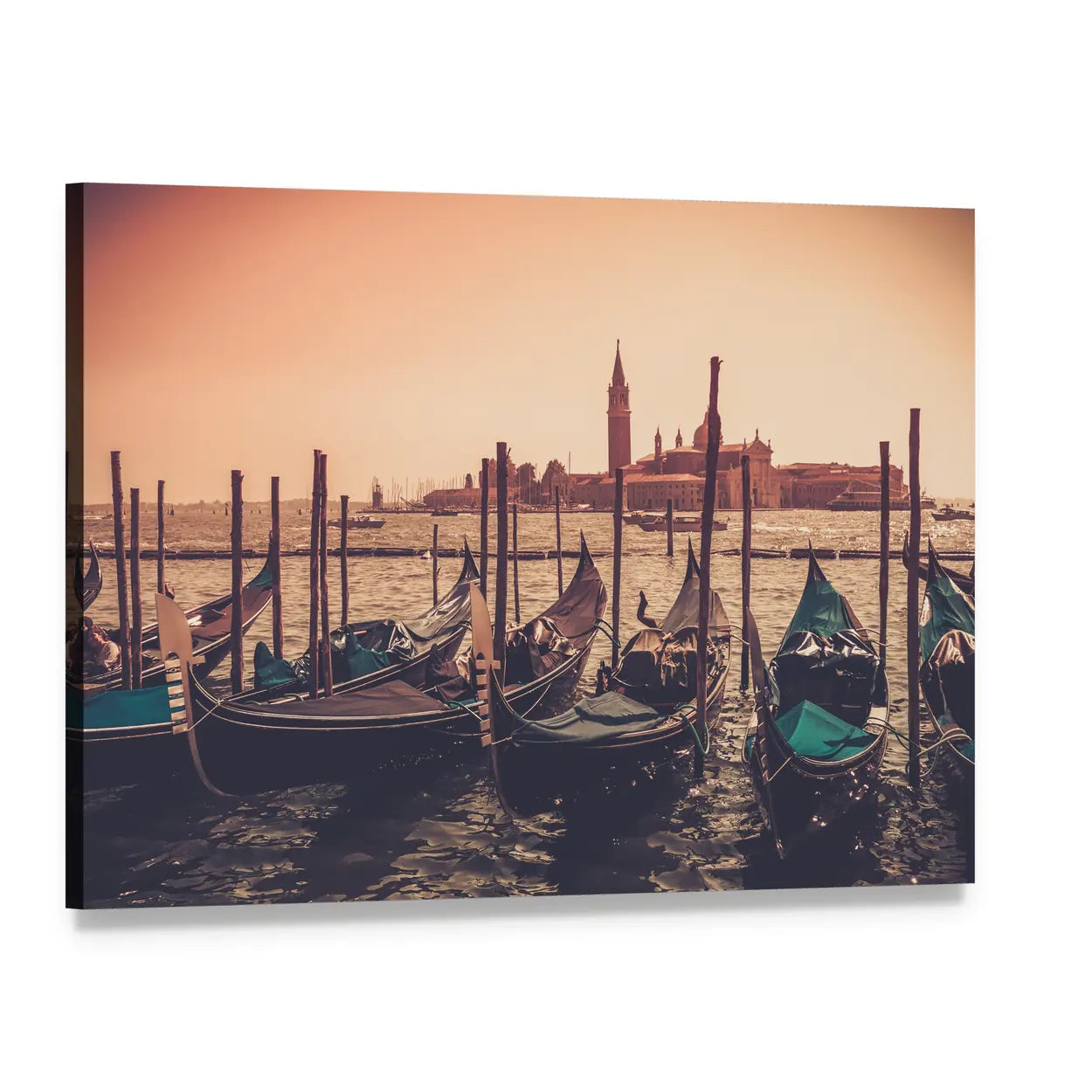 Gondolas Against Venice Panorama In Canal Canvas Wall Art, single panel gallery wrapped canvas, angled product view