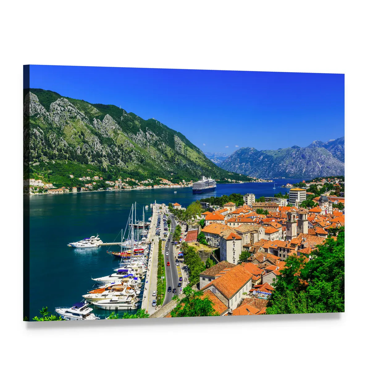 Kotor Bay and Old Town Canvas Wall Art, single panel gallery wrapped canvas, angled product view