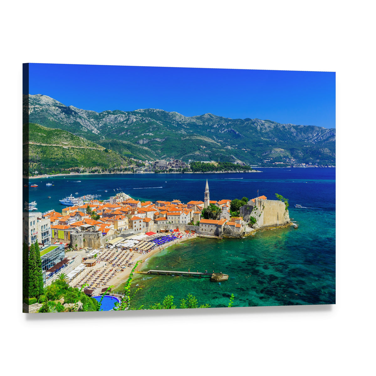 Vibrant Coastal Town in Montenegro Canvas Wall Art, single panel gallery wrapped canvas, angled product view