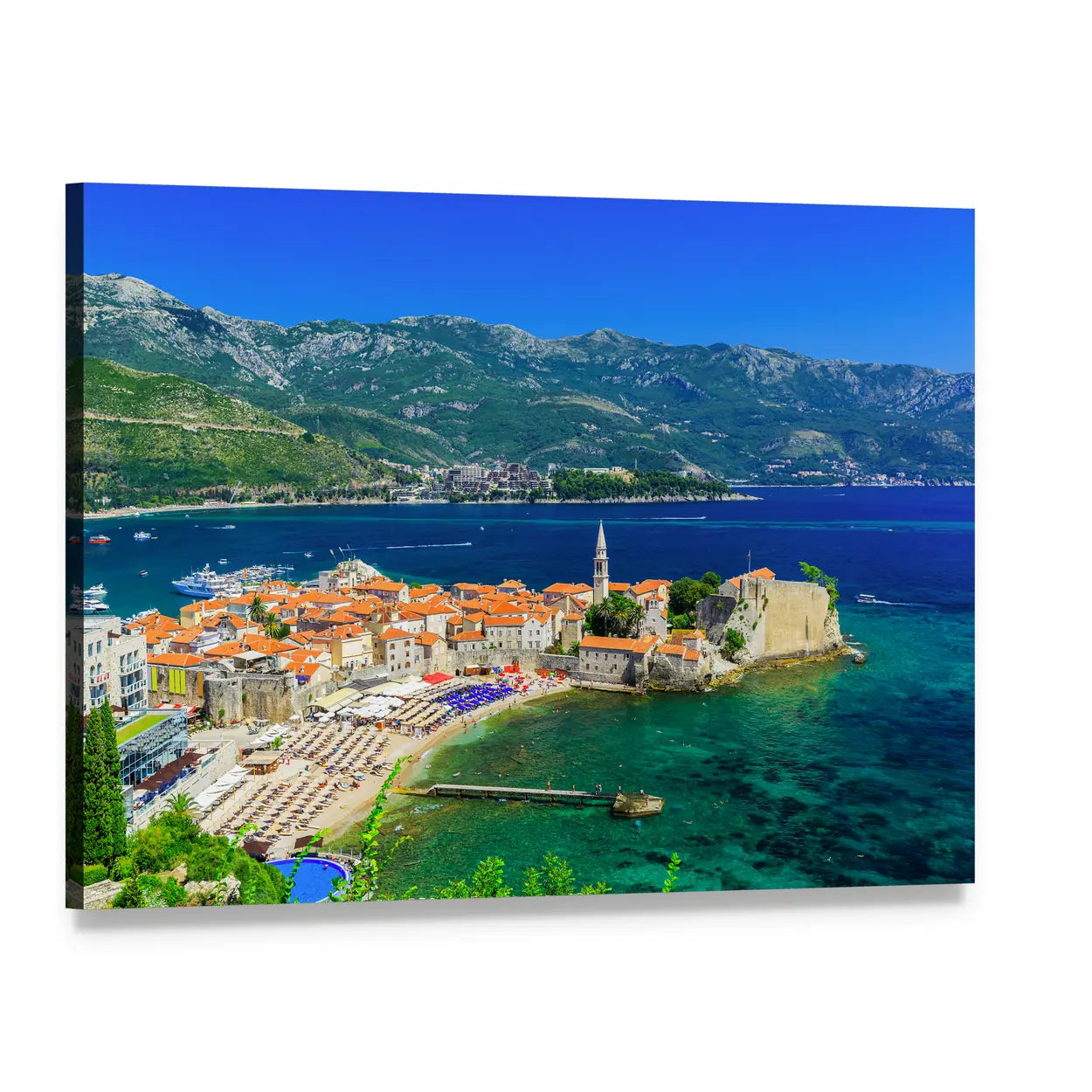 Old Town Budva Seaside View Canvas Wall Art, single panel gallery wrapped canvas, angled product view