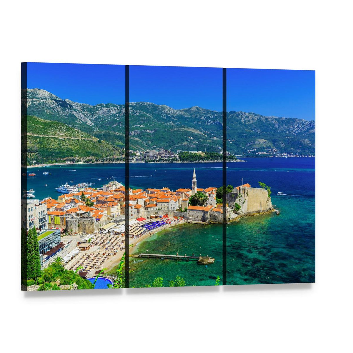 Vibrant Coastal Town in Montenegro Canvas Wall Art, 3 panel 3 Horizontal layout gallery wrapped canvas set, angled product view