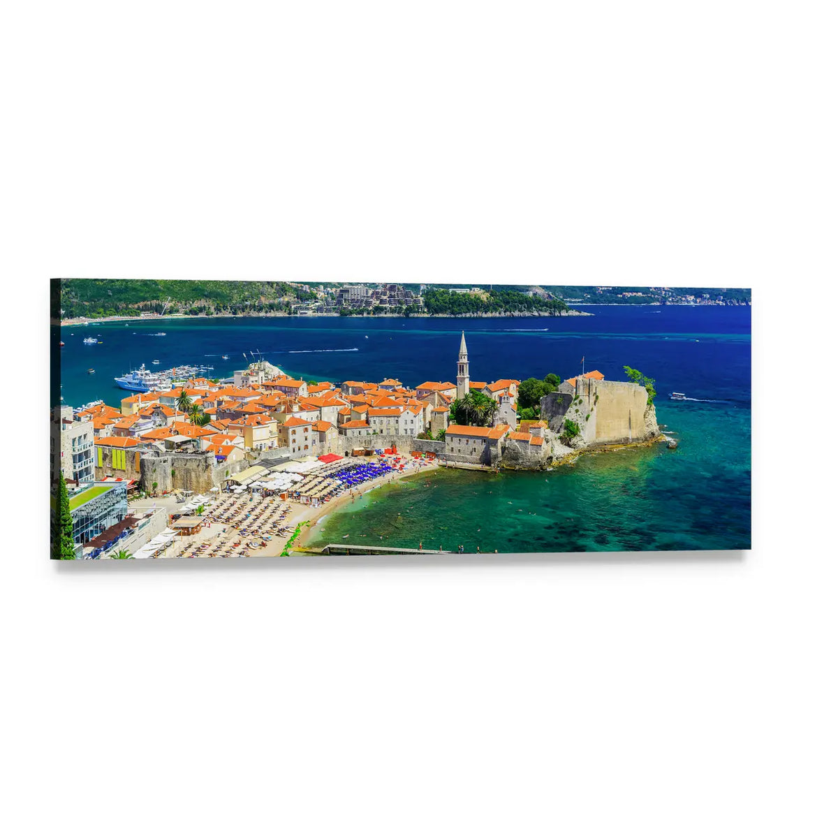Old Town Budva Montenegro Panoramic Canvas Wall Art, single panel gallery wrapped canvas, angled product view