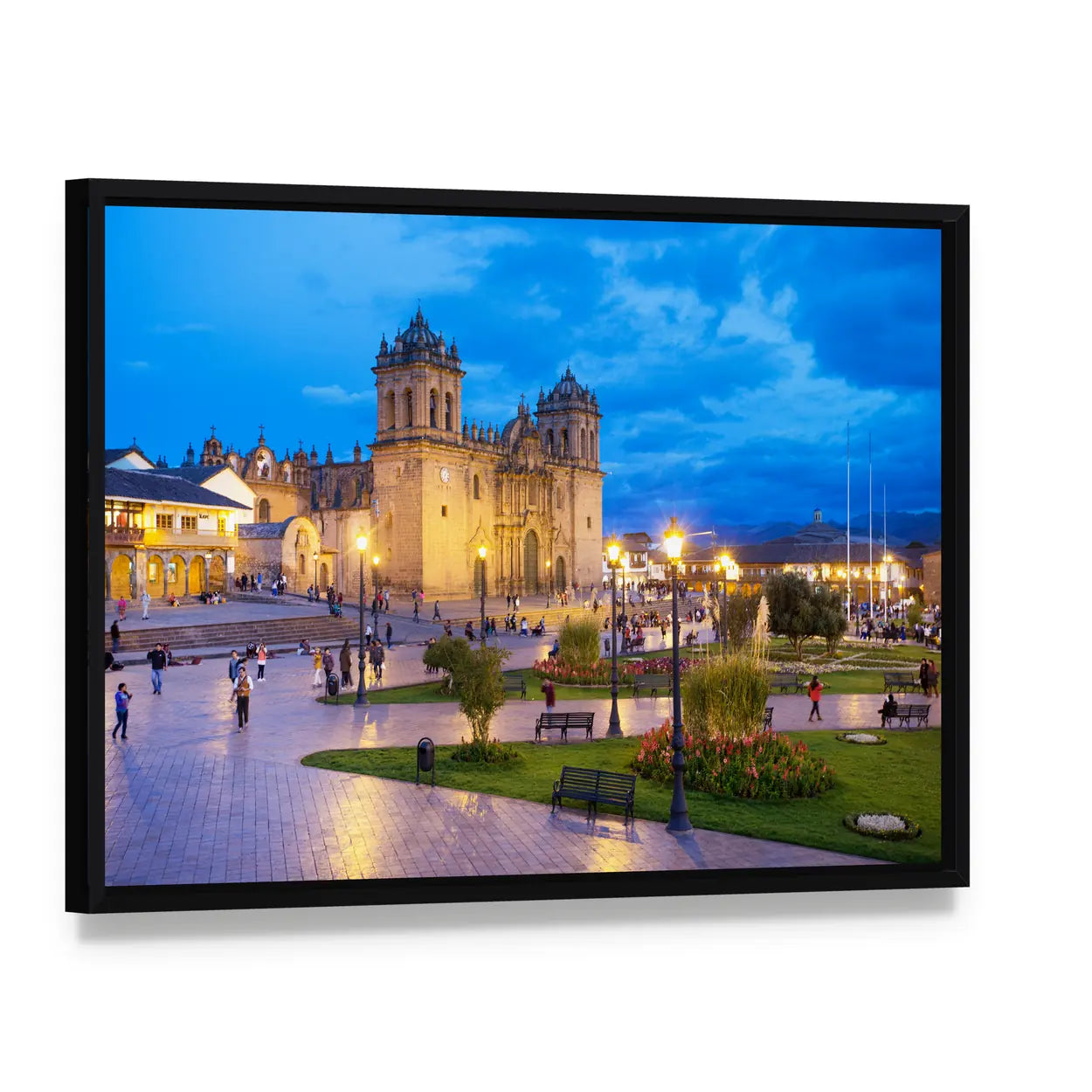 Cusco City Centre at Dusk Canvas Wall Art, framed canvas in a black floater frame, angled product view