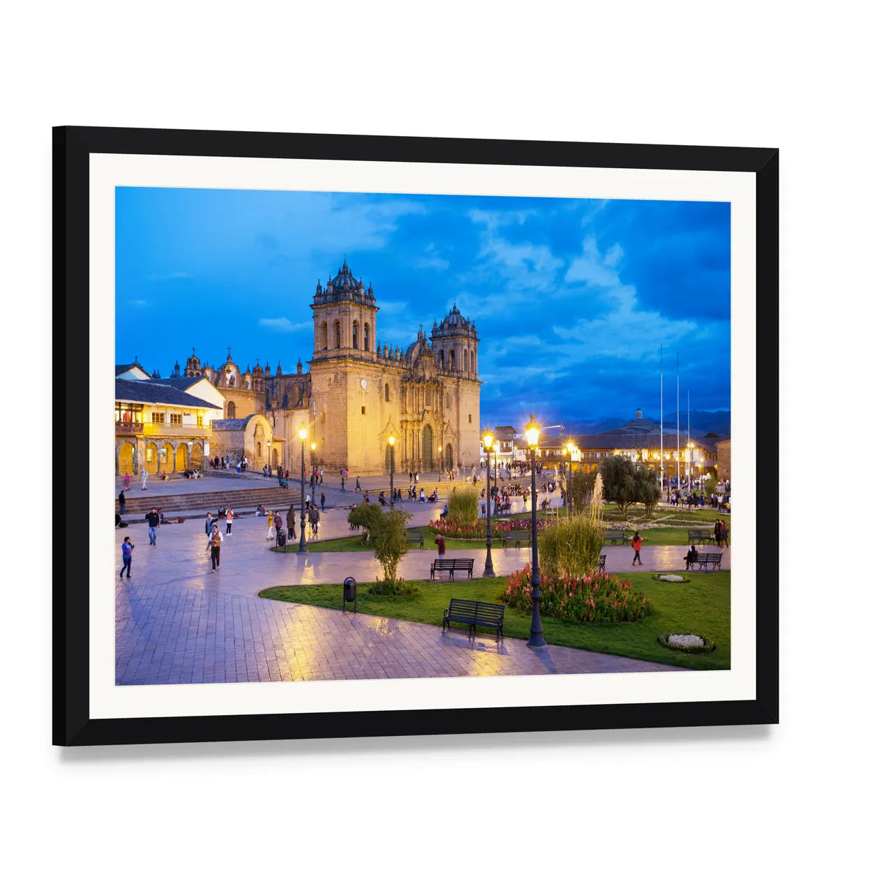 Cusco City Centre at Dusk Canvas Wall Art, framed print with white mat and black frame, angled product view