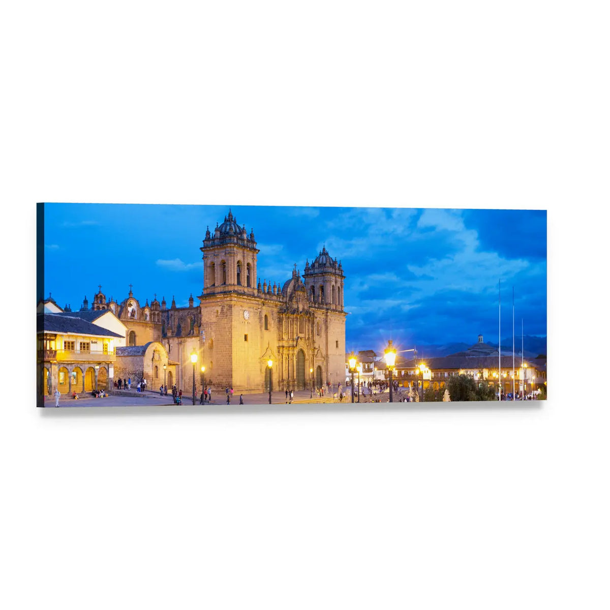 Spanish Colonial Cathedral at Dusk Panoramic Canvas Wall Art, single panel gallery wrapped canvas, angled product view