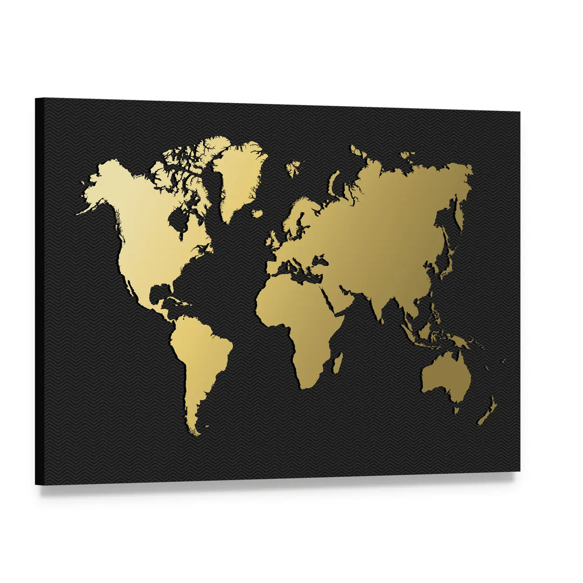 Gold World Map Silhouette Canvas Wall Art, single panel gallery wrapped canvas, angled product view