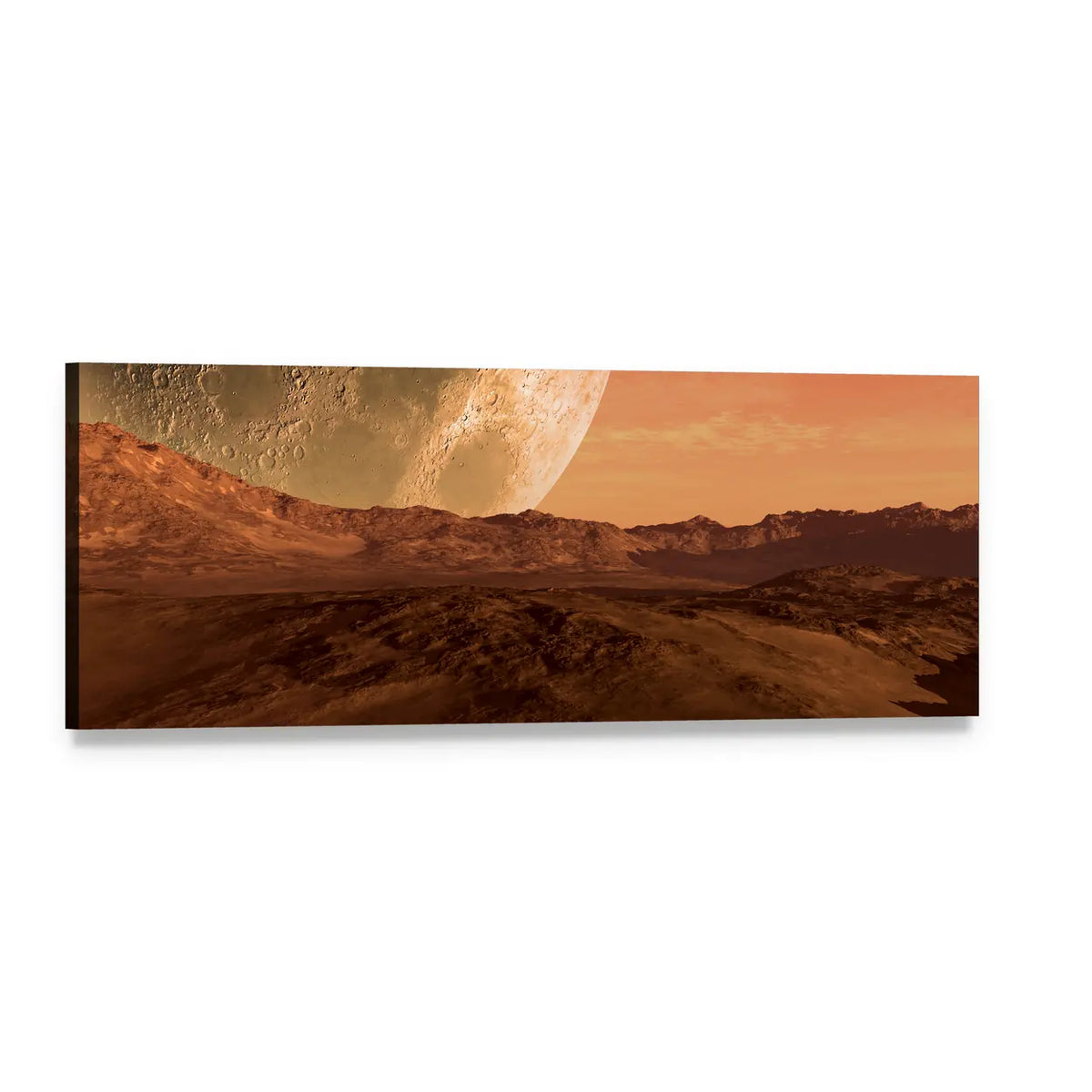 Cratered Alien Planet with Rising Moon Panoramic Canvas Wall Art, single panel gallery wrapped canvas, angled product view
