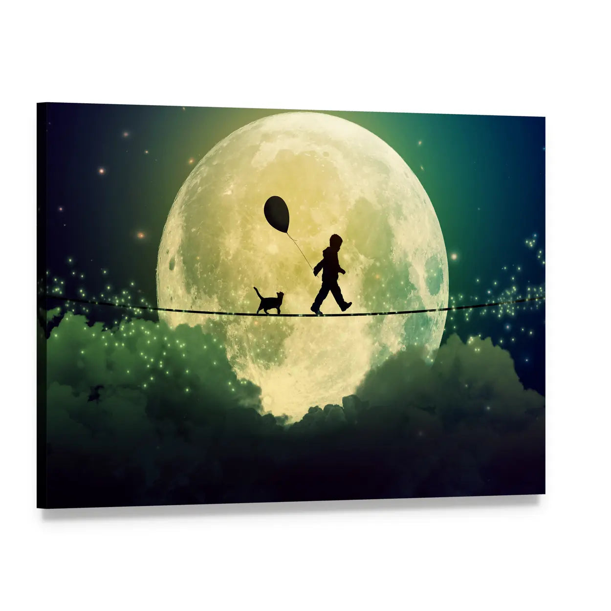 Child on Tightrope Under Full Moon Canvas Wall Art, single panel gallery wrapped canvas, angled product view
