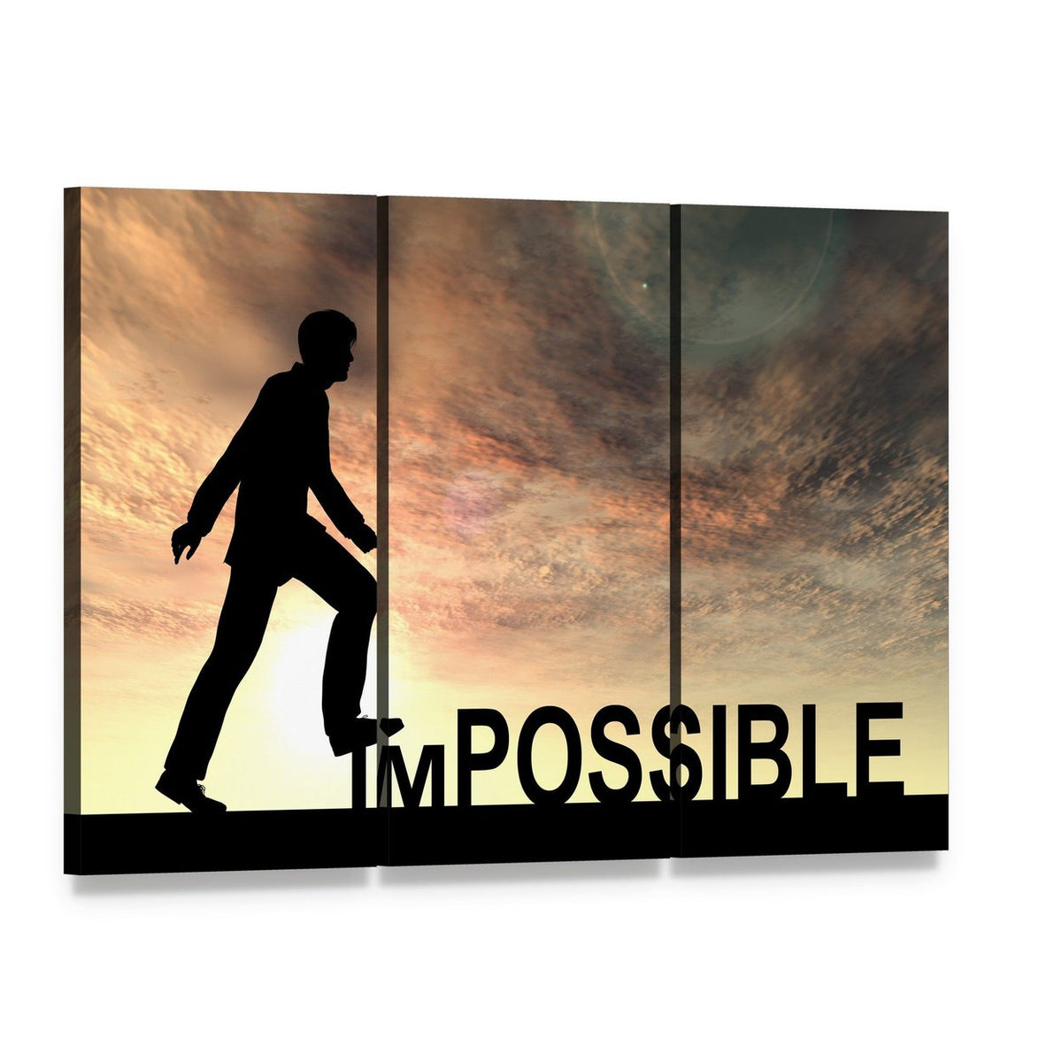 Silhouette Walking Toward Impossible Text Canvas Wall Art, 3 panel 3 Horizontal layout gallery wrapped canvas set, angled product view