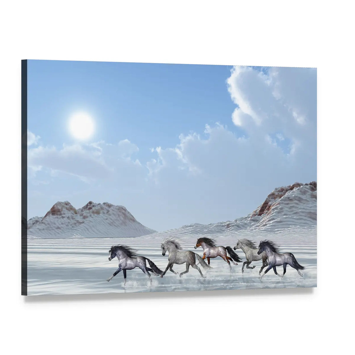 Five Galloping Horses in Snow Canvas Wall Art, single panel gallery wrapped canvas, angled product view