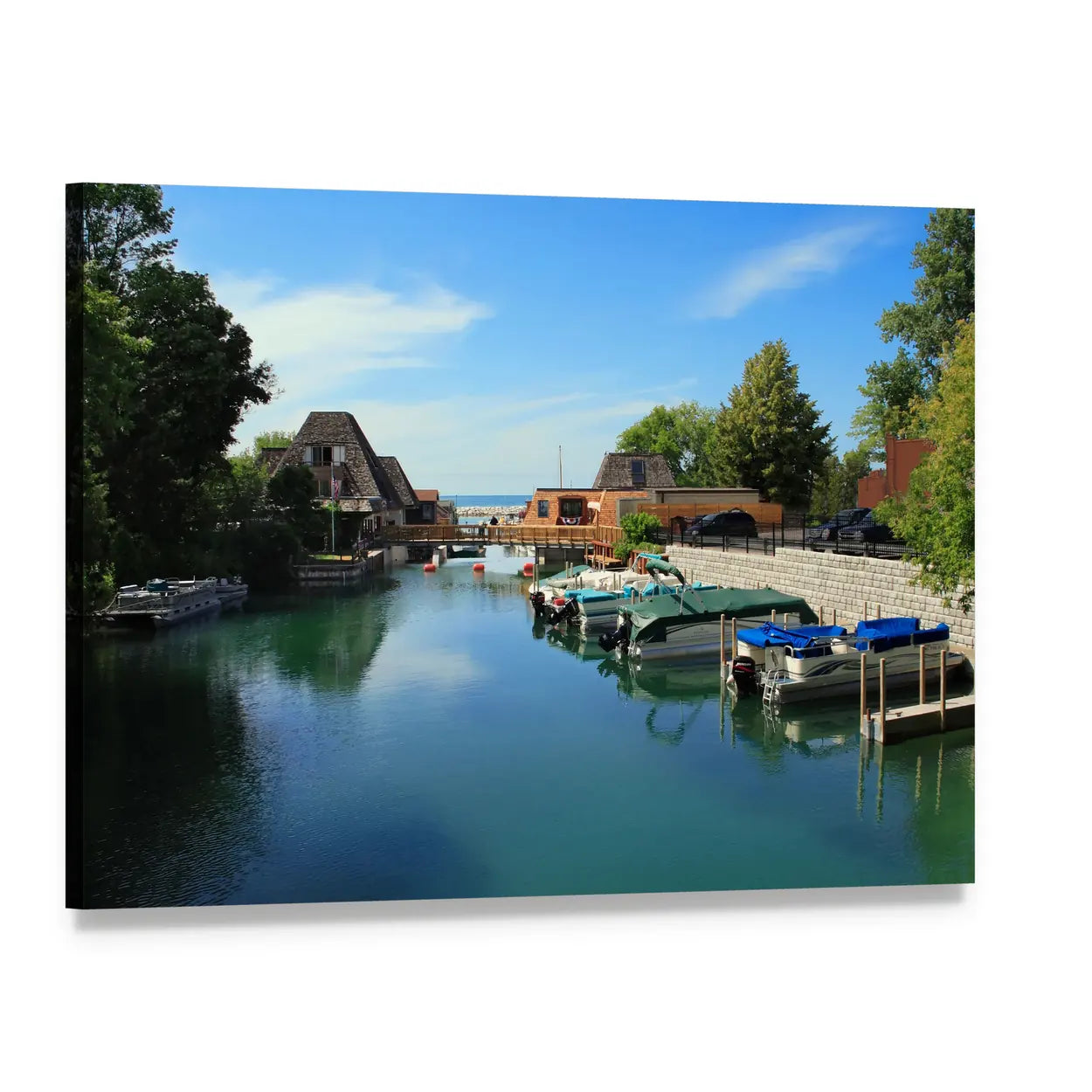 Boats Docked Along Canal with Brown Roofs Canvas Wall Art, single panel gallery wrapped canvas, angled product view
