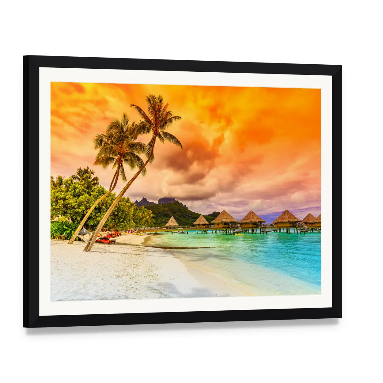 Bora Bora Overwater Bungalows at Sunset Canvas Wall Art, framed print with white mat and black frame, angled product view