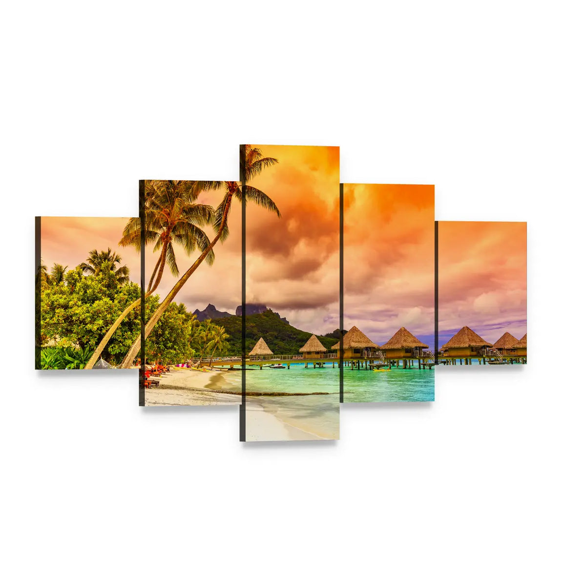 Bora Bora Overwater Bungalows at Sunset Canvas Wall Art, 5 panel 5 Star layout gallery wrapped canvas set, angled product view