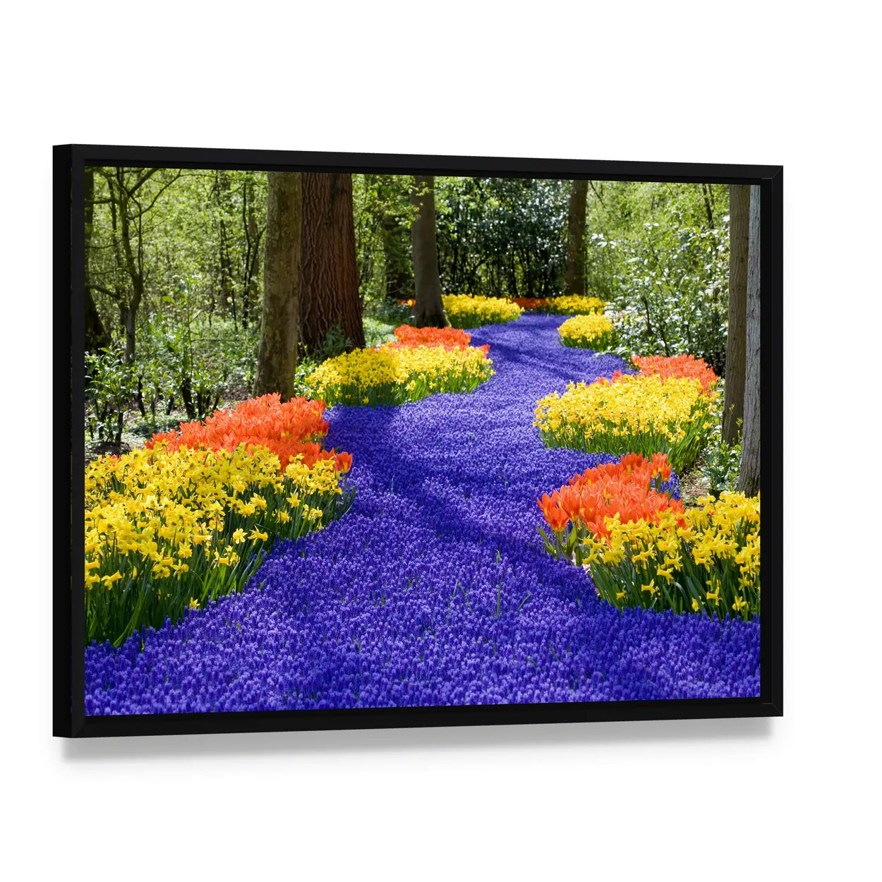 Field Of Spring Flowers Canvas Wall Art, framed canvas in a black floater frame, angled product view
