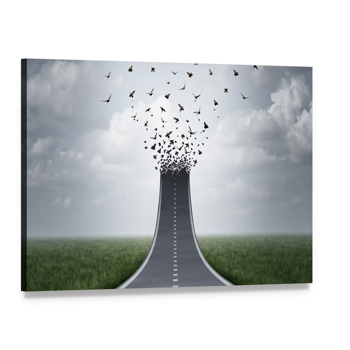 Driving Freedom: Road Disintegrating Into Birds Canvas Wall Art, single panel gallery wrapped canvas, angled product view
