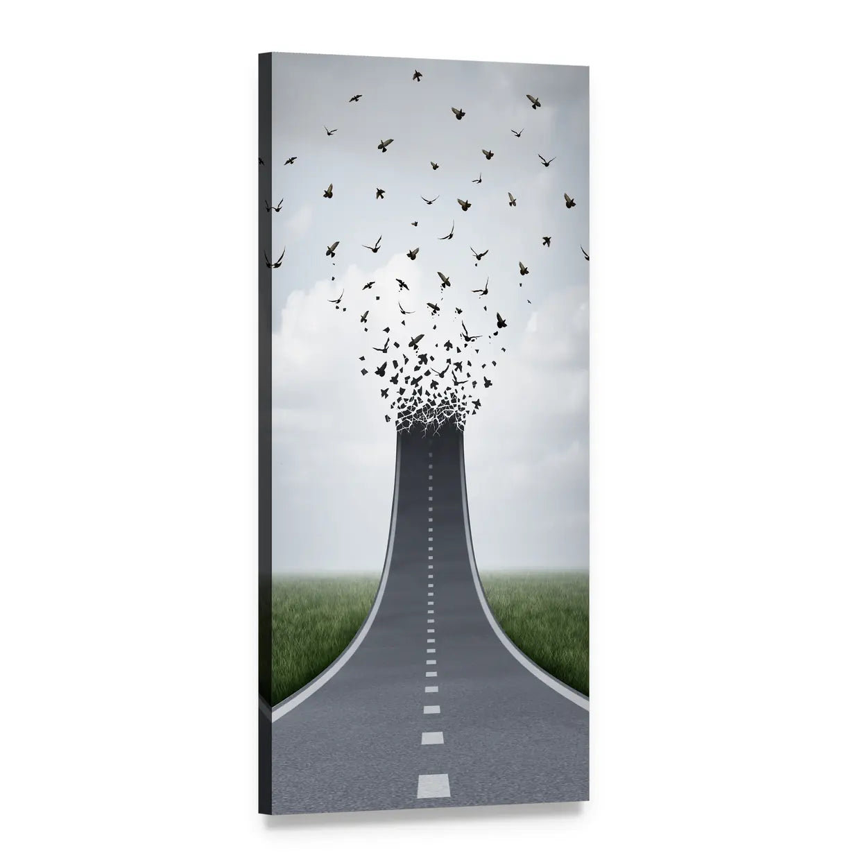 Asphalt Road Morphing Into Birds Vertical Canvas Wall Art, 1 panel 1 Vertical layout gallery wrapped canvas set, angled product view
