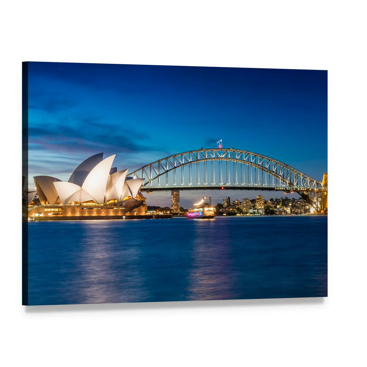 Sydney Opera House and Harbour Bridge at Night Canvas Wall Art, single panel gallery wrapped canvas, angled product view