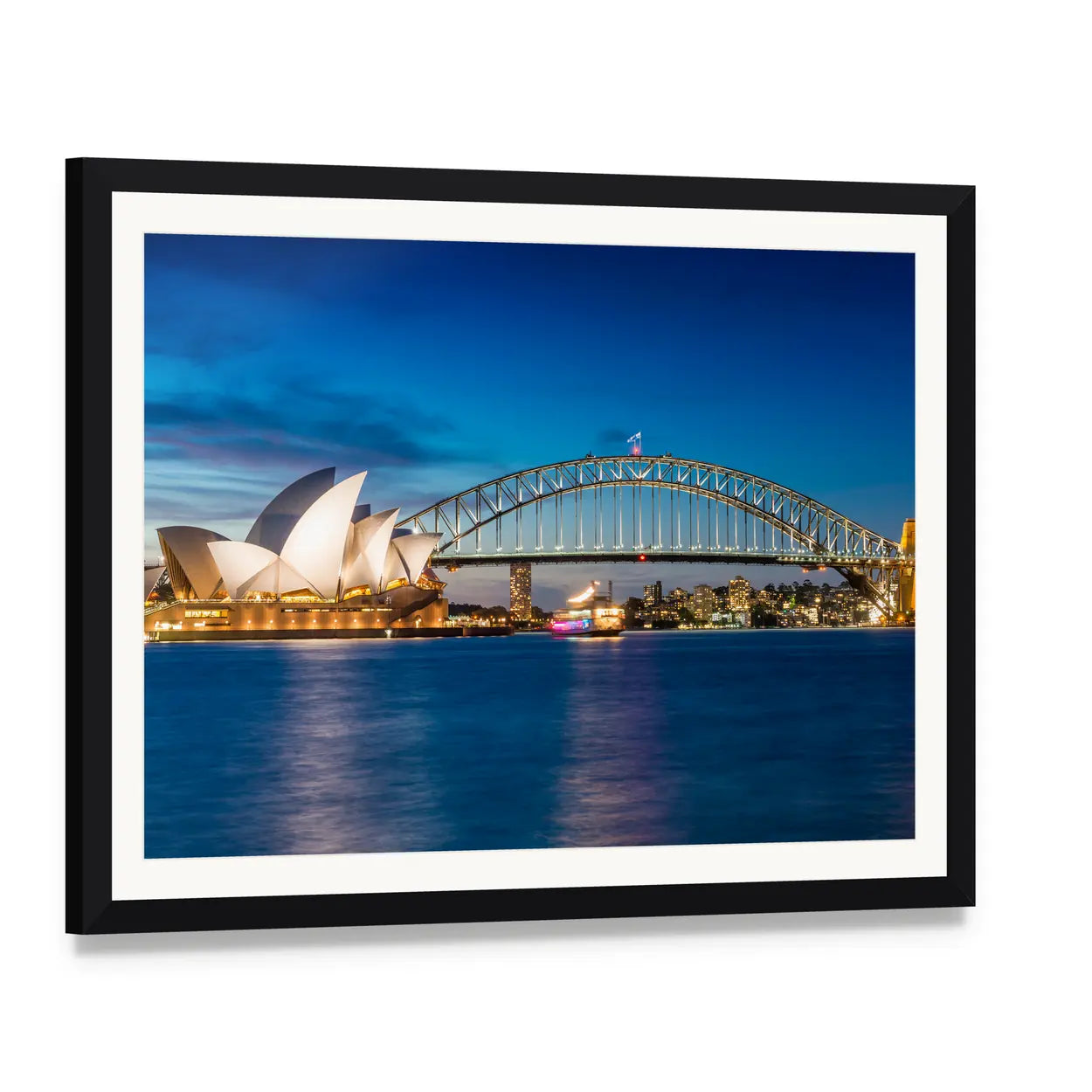 Sydney Opera House and Harbour Bridge at Night Canvas Wall Art, framed print with white mat and black frame, angled product view