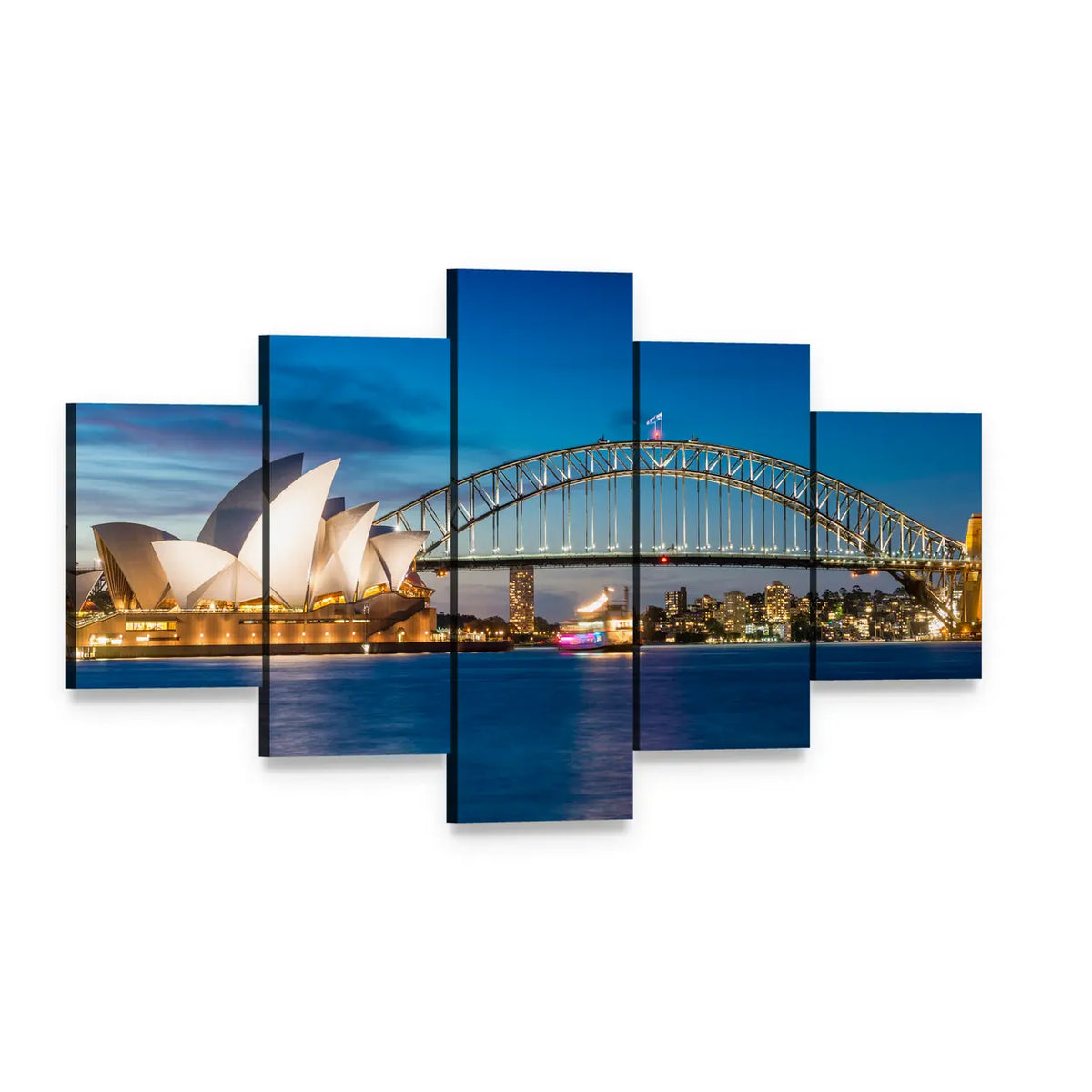 Sydney Opera House and Harbour Bridge at Night Canvas Wall Art, 5 panel 5 Star layout gallery wrapped canvas set, angled product view