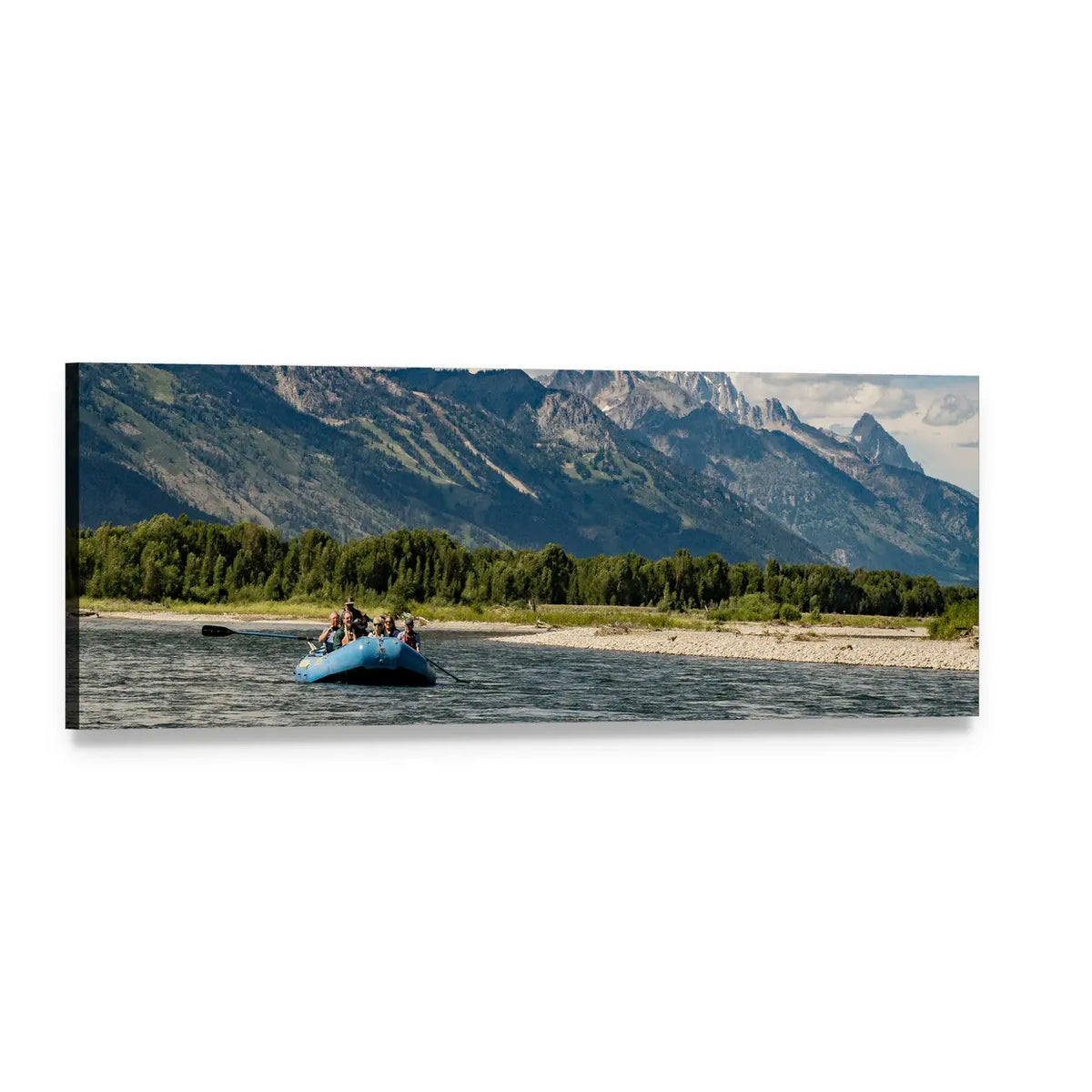 Rafting on an Alpine River Panoramic Canvas Wall Art, single panel gallery wrapped canvas, angled product view