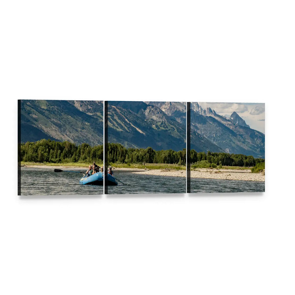 Rafting on an Alpine River Panoramic Canvas Wall Art, 3 panel 3 Piece layout gallery wrapped canvas set, angled product view