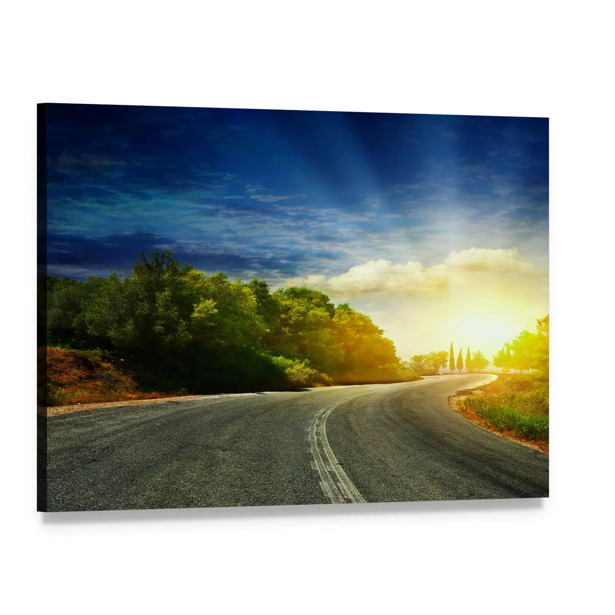 Curving Mountain Road with Sunbeams Canvas Wall Art, single panel gallery wrapped canvas, angled product view