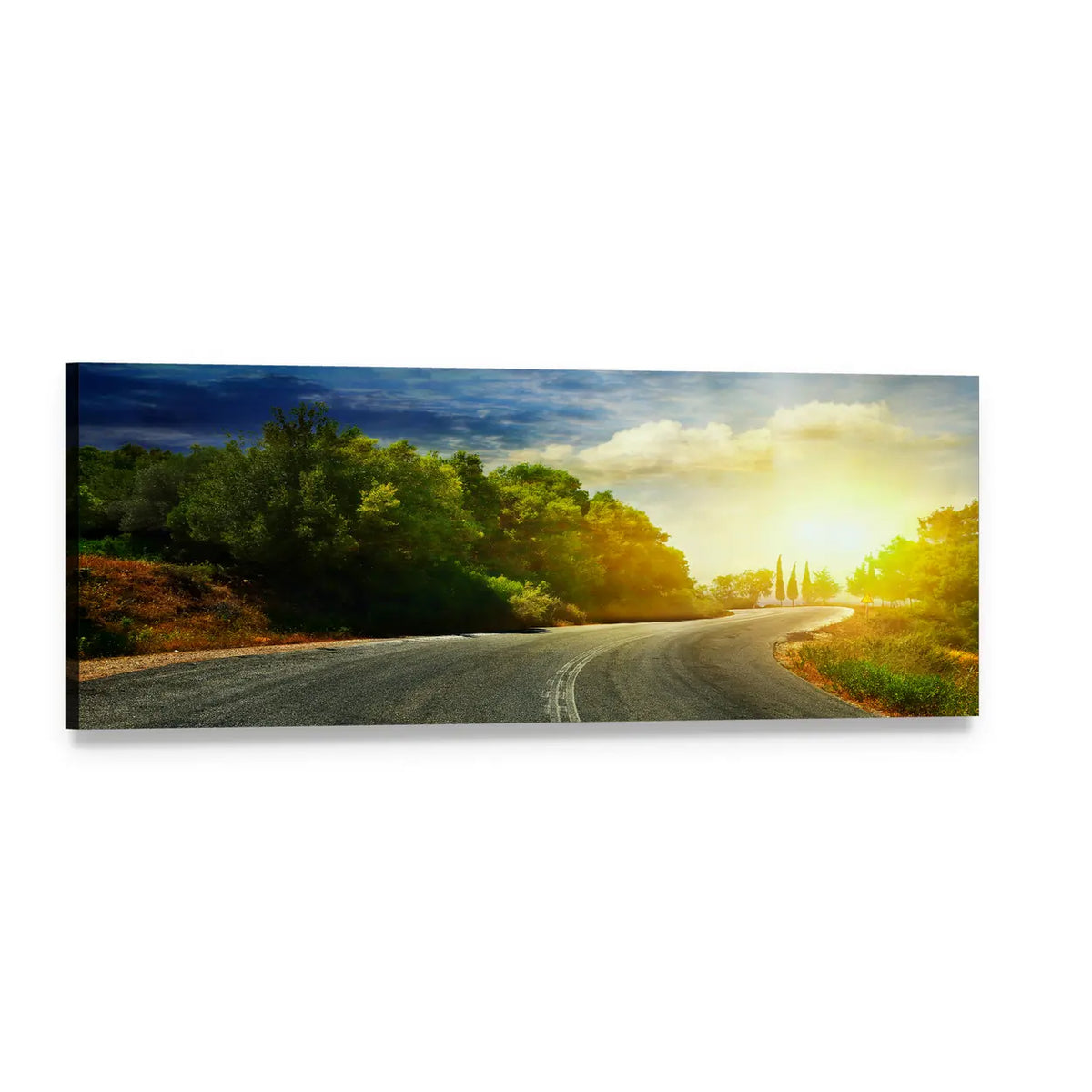 Winding Mountain Road at Sunset Panoramic Canvas Wall Art, single panel gallery wrapped canvas, angled product view