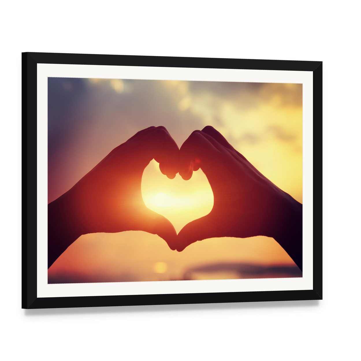 Hands Making Heart Shape Canvas Wall Art, framed print with white mat and black frame, angled product view
