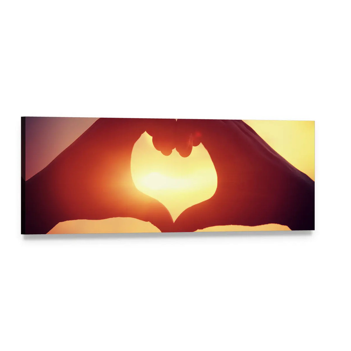 Hands Forming Heart at Sunset Panoramic Canvas Wall Art, single panel gallery wrapped canvas, angled product view