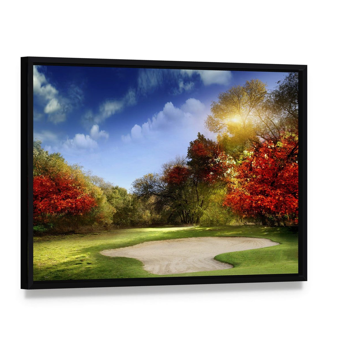 Golf Course in Autumn Canvas Wall Art, framed canvas in a black floater frame, angled product view