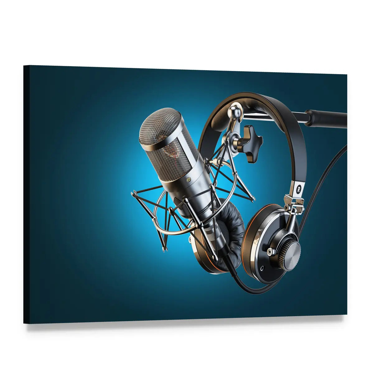 Studio Headphones on Microphone Stand Canvas Wall Art, single panel gallery wrapped canvas, angled product view