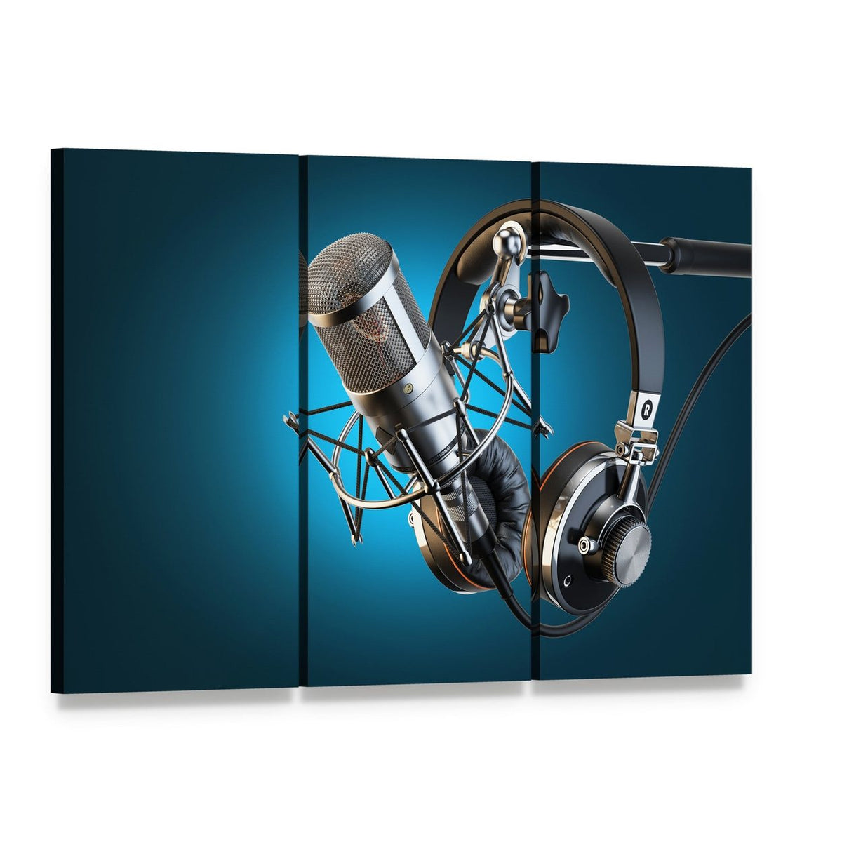 Headphones on Microphone Stand Canvas Wall Art, 3 panel 3 Horizontal layout gallery wrapped canvas set, angled product view