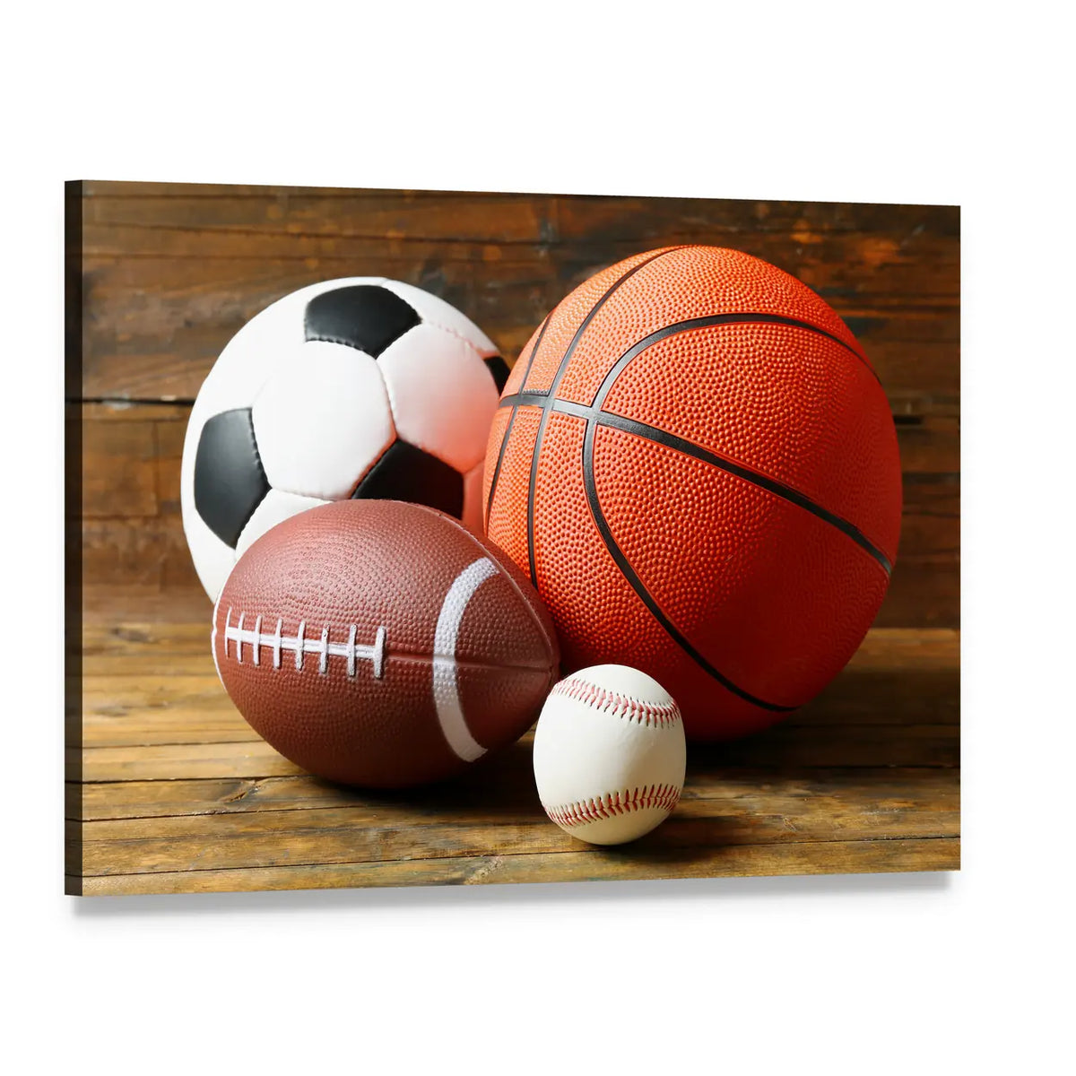 Four Sports Balls on Weathered Wood Canvas Wall Art, single panel gallery wrapped canvas, angled product view