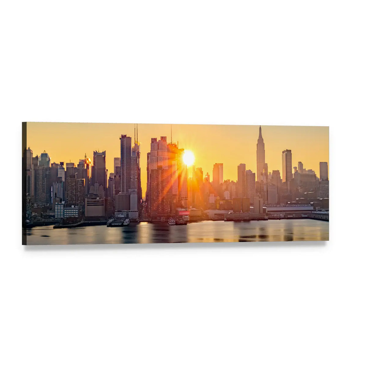 Manhattan Skyline at Sunset Panoramic Canvas Wall Art, single panel gallery wrapped canvas, angled product view