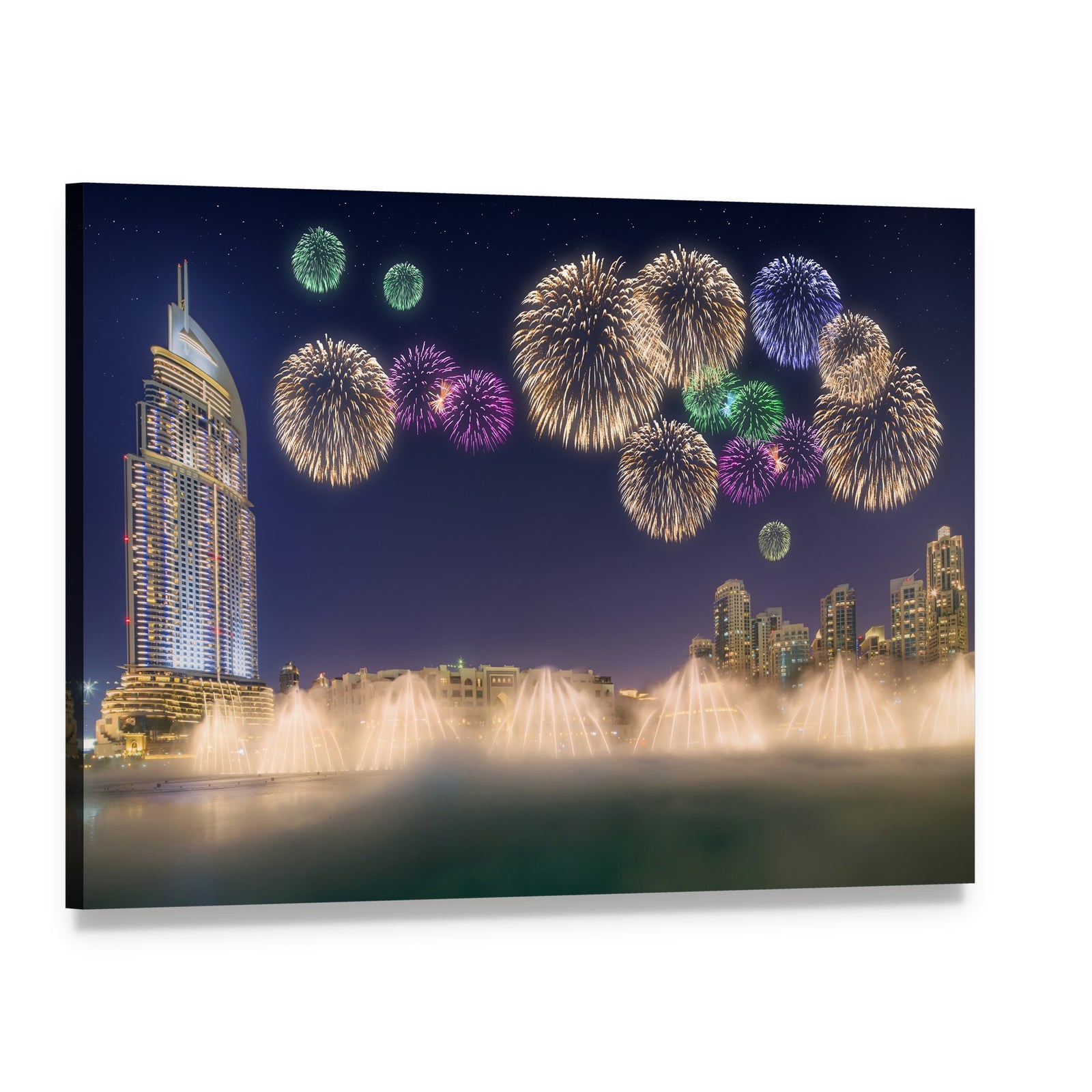 Fireworks Over Dancing Fountains at Night Canvas Wall Art, single panel gallery wrapped canvas, angled product view