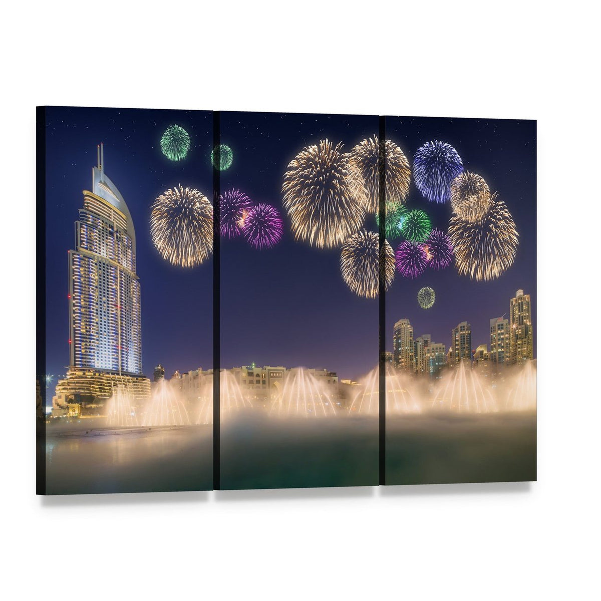 Fireworks Over Dancing Fountains at Night Canvas Wall Art, 3 panel 3 Horizontal layout gallery wrapped canvas set, angled product view