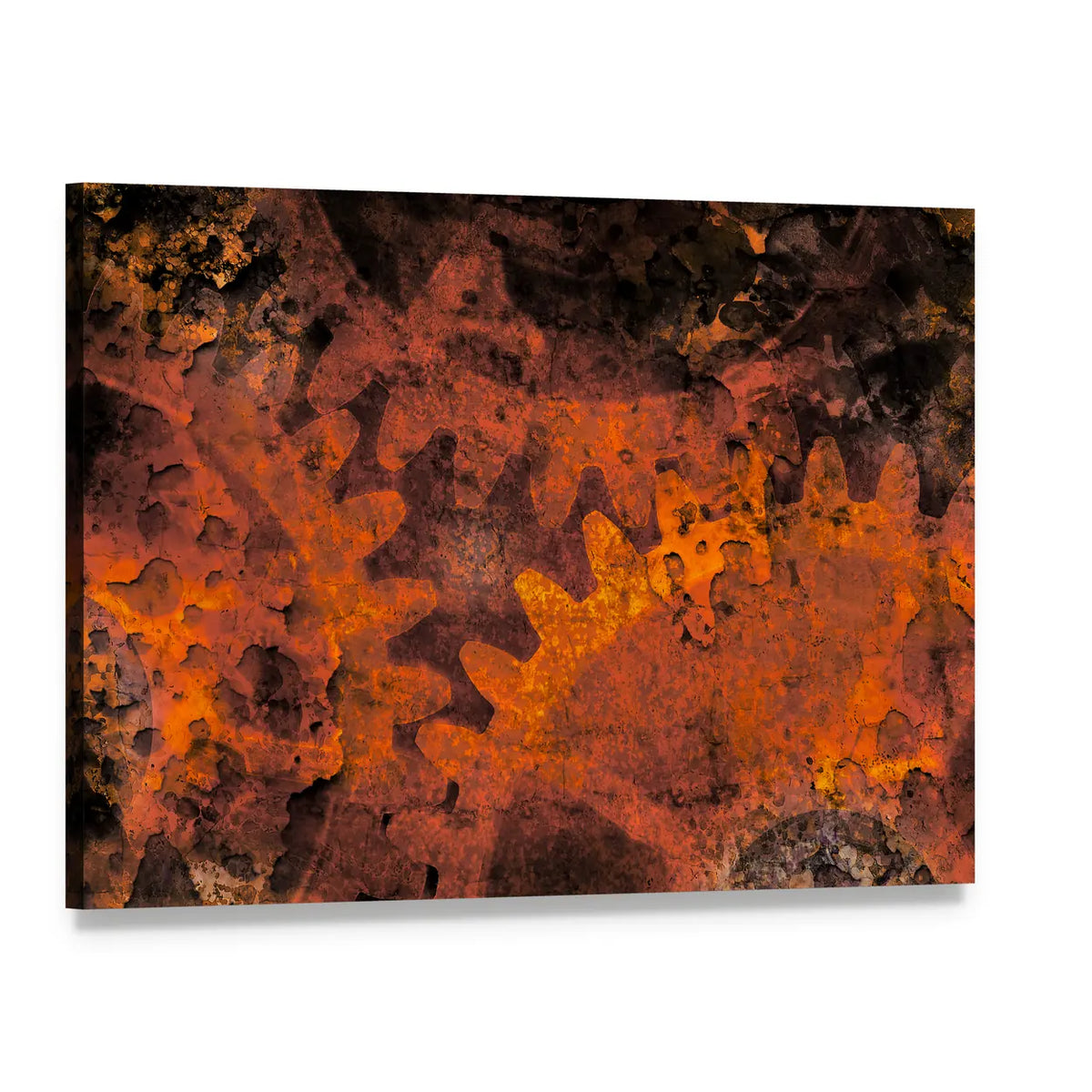 Rusted Gears and Cogs Canvas Wall Art, single panel gallery wrapped canvas, angled product view