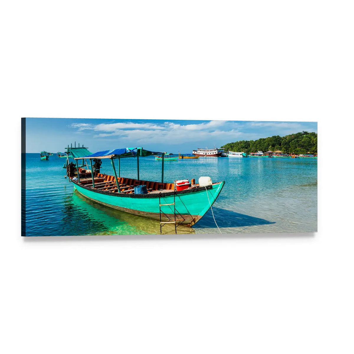 Turquoise Boat in Sihanoukville Panoramic Canvas Wall Art, single panel gallery wrapped canvas, angled product view