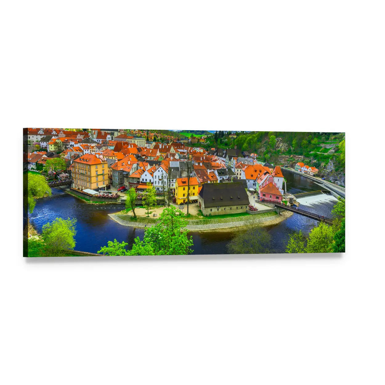 Cesky Krumlov Aerial River View Panoramic Canvas Wall Art, single panel gallery wrapped canvas, angled product view