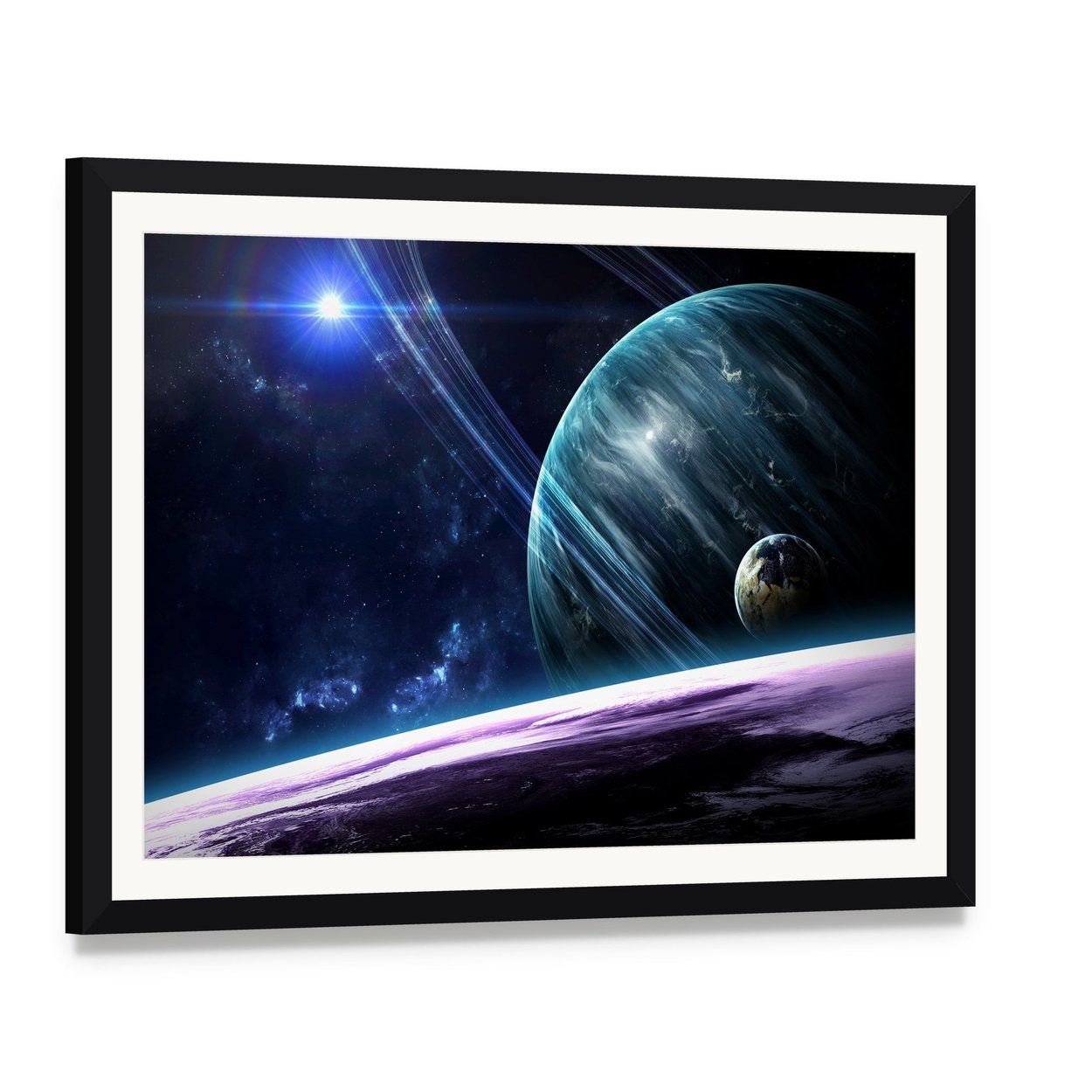 Universe Scene with Planets Stars and Galaxies Canvas Wall Art, framed print with white mat and black frame, angled product view