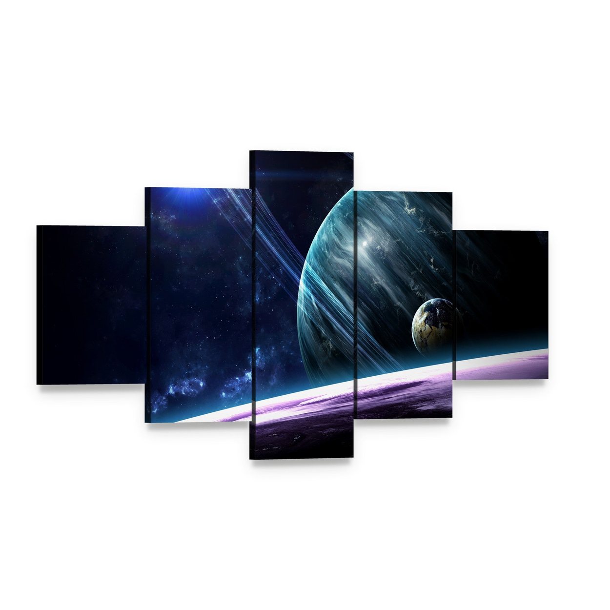 Universe Scene with Planets Stars and Galaxies Canvas Wall Art, 5 panel 5 Star layout gallery wrapped canvas set, angled product view
