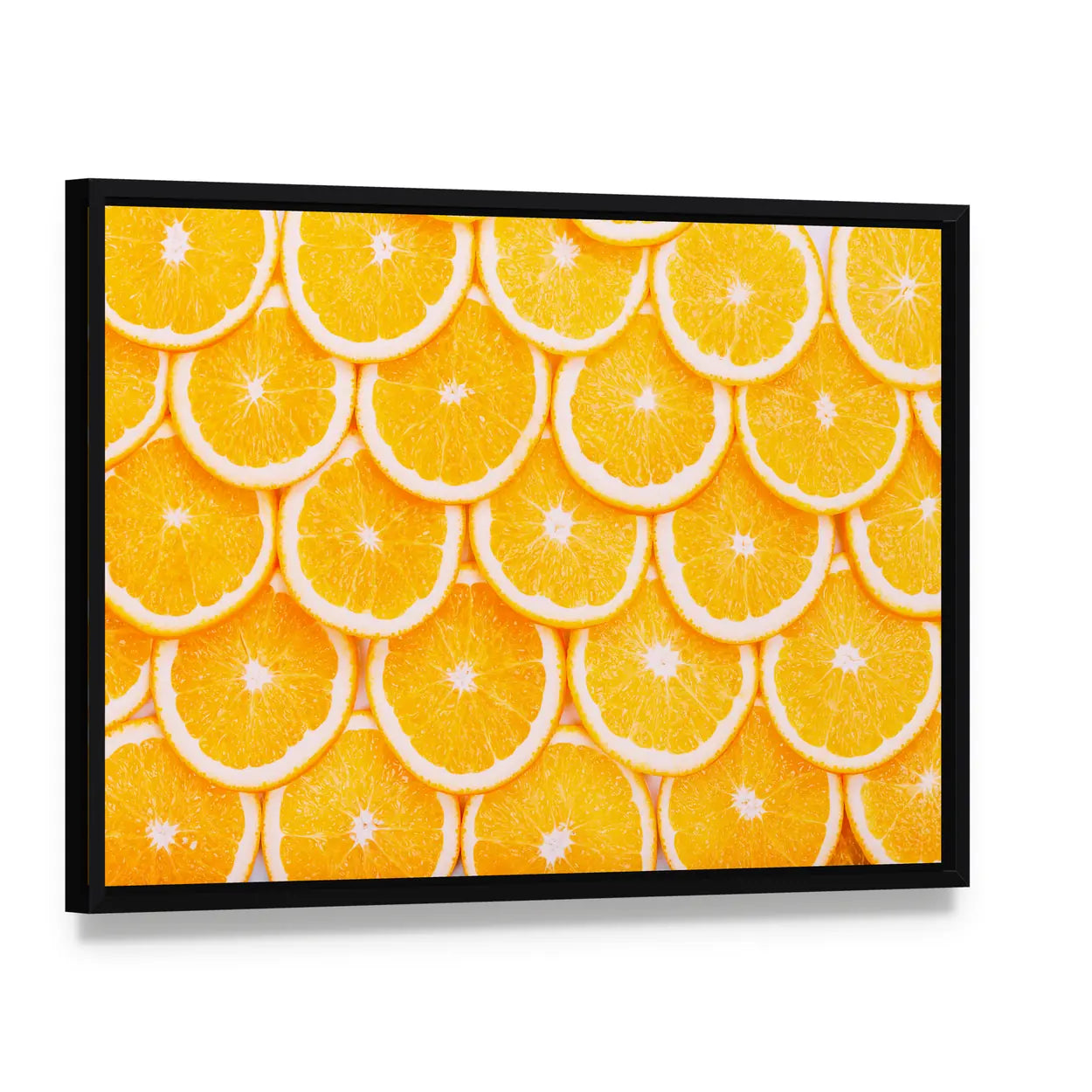 Fresh Orange Slices Pattern Canvas Wall Art, framed canvas in a black floater frame, angled product view