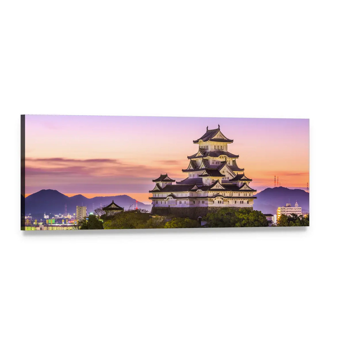 Himeji Castle at Sunset Panoramic Canvas Wall Art, single panel gallery wrapped canvas, angled product view