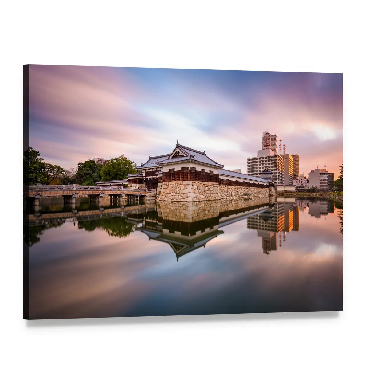 Japan Castle Moat at Sunset Canvas Wall Art, single panel gallery wrapped canvas, angled product view