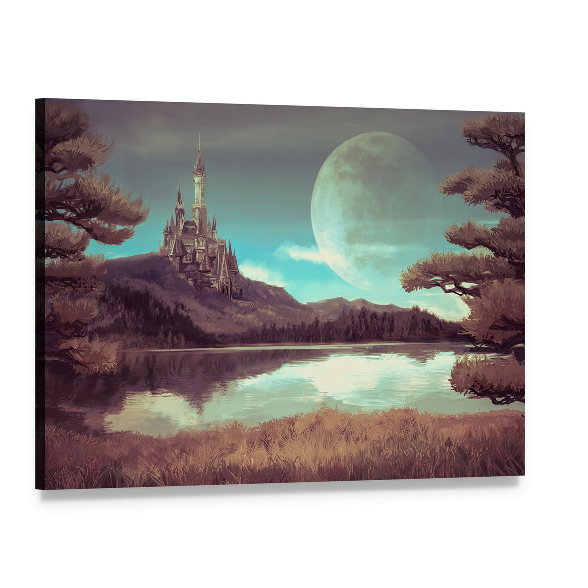 Medieval Castle by Moonlit Lake Canvas Wall Art, single panel gallery wrapped canvas, angled product view