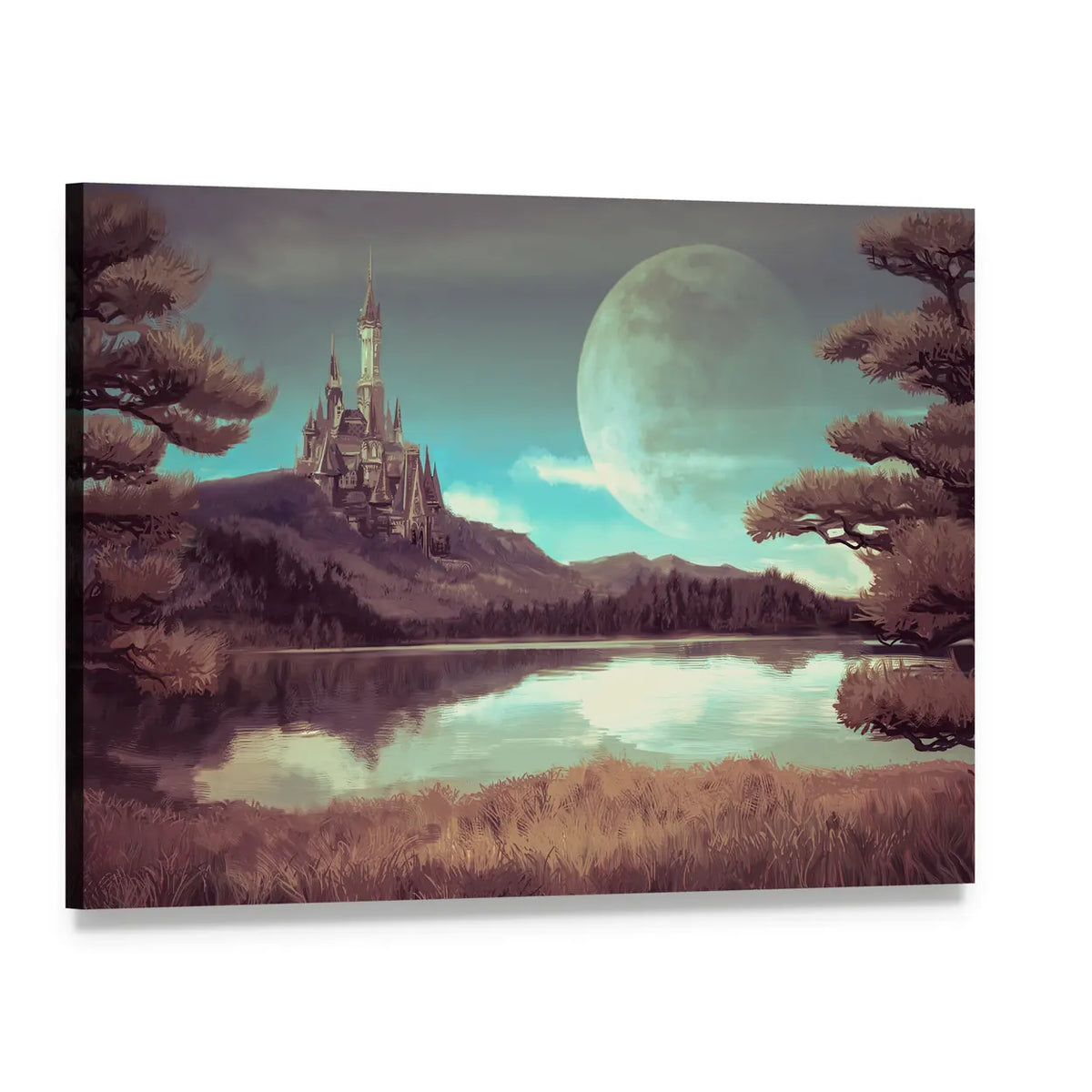 Moonlit Gothic Castle by Lake Canvas Wall Art, single panel gallery wrapped canvas, angled product view
