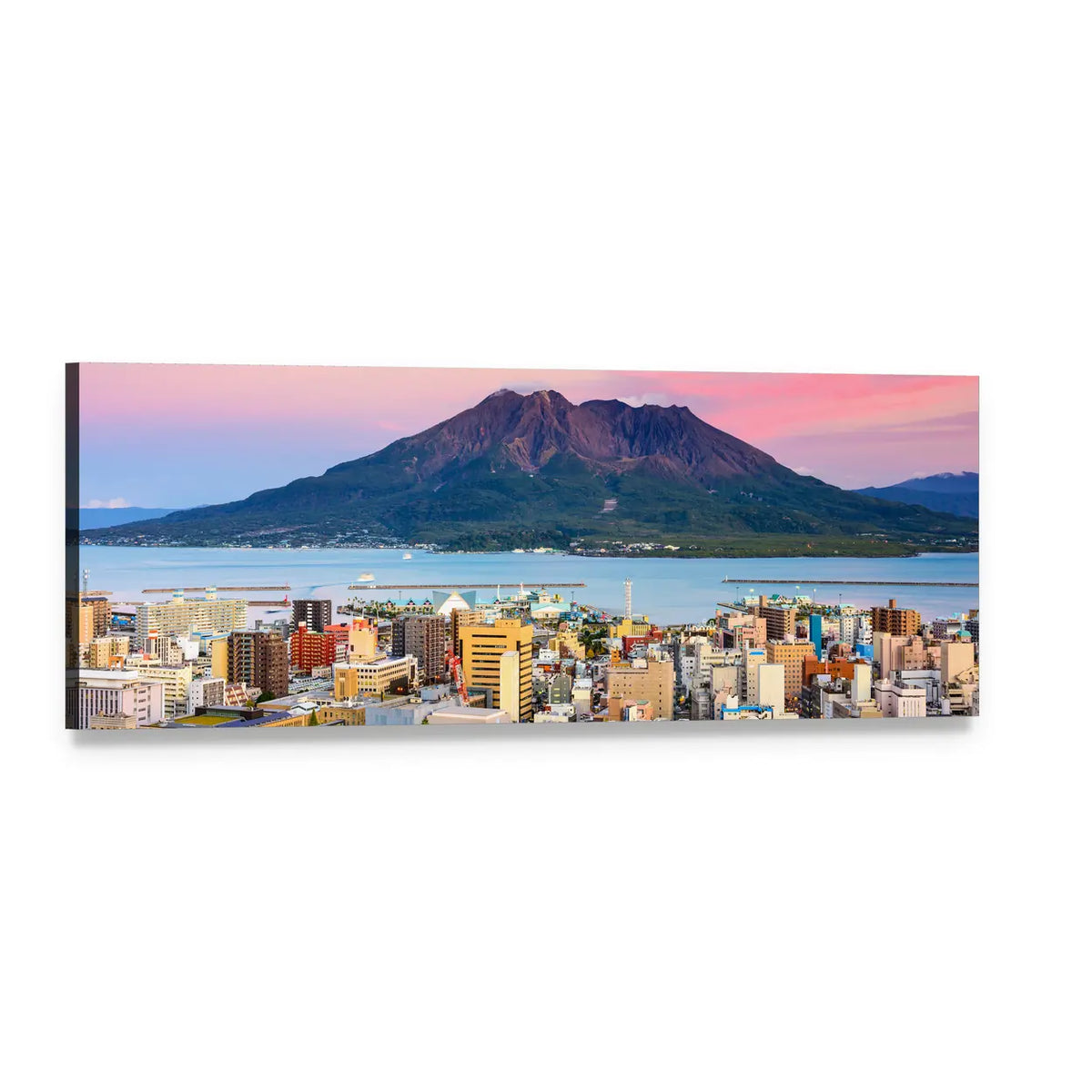 Sakurajima Volcano Sunset Over Bay Panoramic Canvas Wall Art, single panel gallery wrapped canvas, angled product view