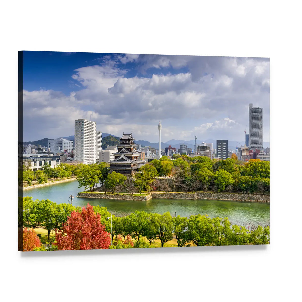 Japanese Castle with Waterfront City Skyline Canvas Wall Art, single panel gallery wrapped canvas, angled product view